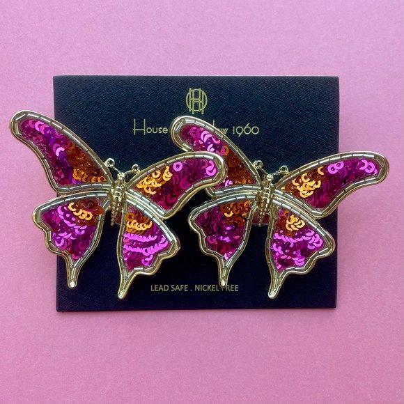 NWT House of Harlow 1960 Butterfly Earrings - 3D Pink Orange Sparkly Butterfly - Picture 2 of 7